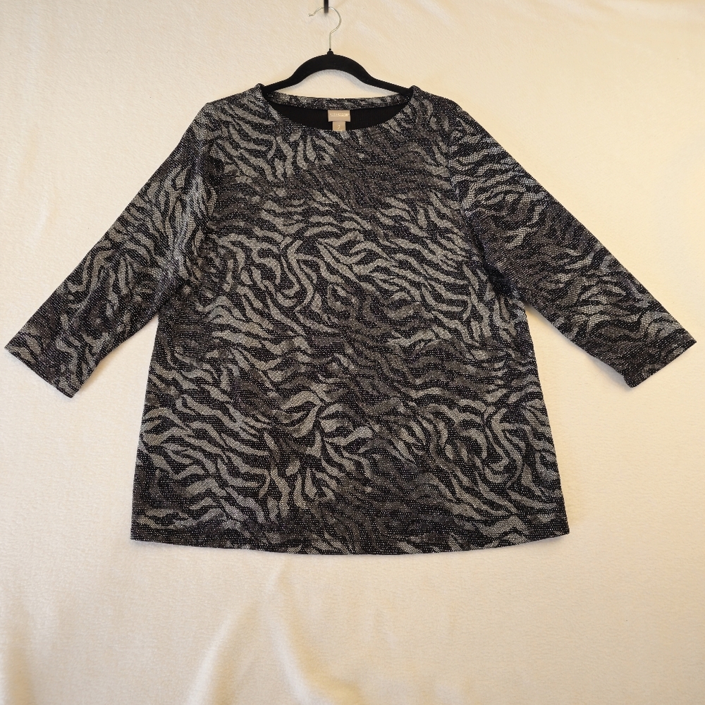 Chico's Black and Gray Zebra-Print ¾ Sleeve Top Chicos Size 2‎